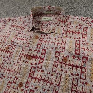 Orvis Shirt Mens L Red Beige Geometric Tapestry Pattern Print Outdoor Button Up‎